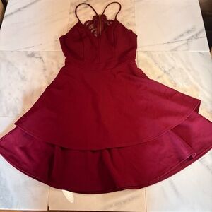 Camille La Vie Burgundy High-Low Lace Back Party Dress